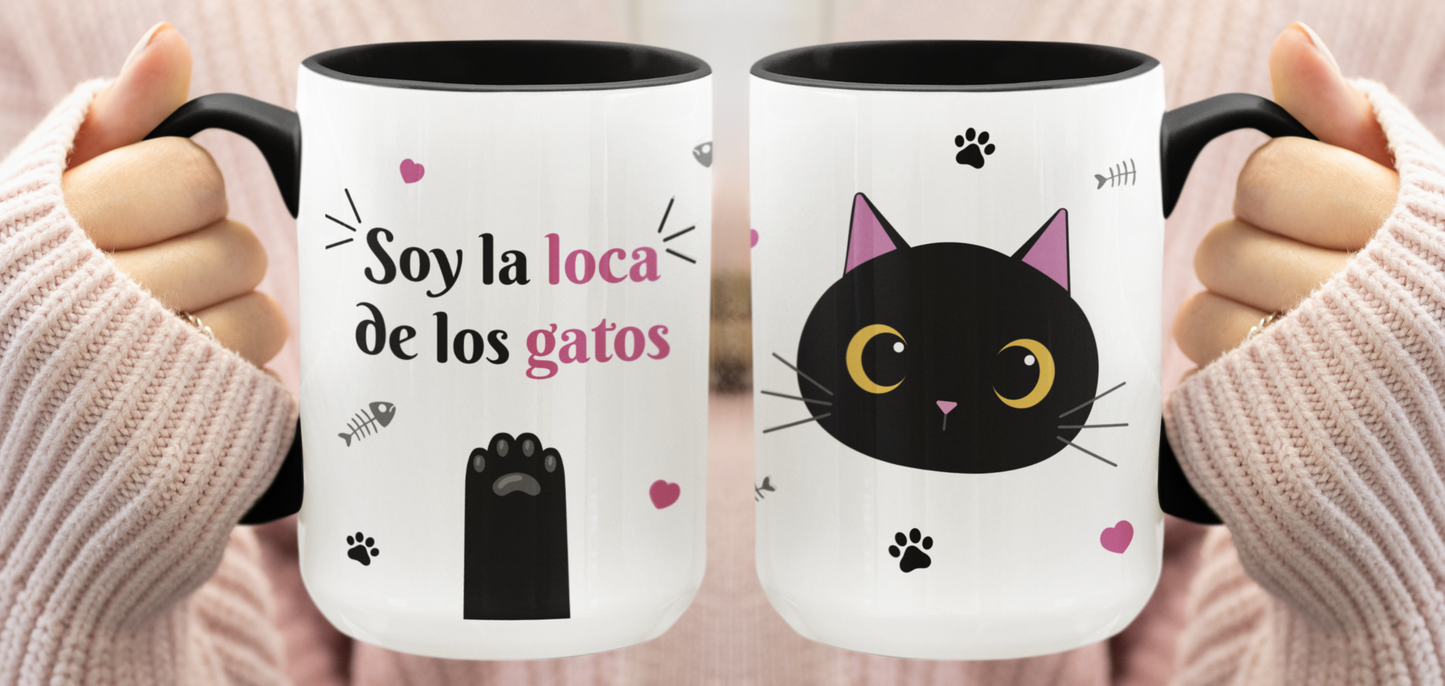 Taza Soy la Loca de los Gatos - Taza Blanca y Negra 15 oz - Taza Gatos