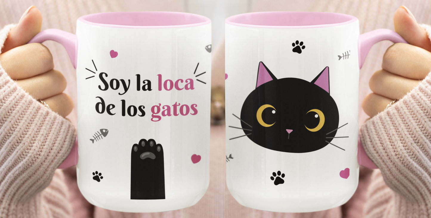 Taza Soy la Loca de los Gatos - Taza Blanca y Rosada 15 oz - Taza Gatos