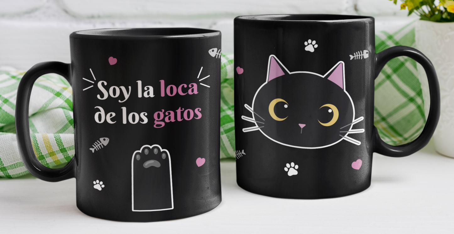 Taza Soy la Loca de los Gatos - Taza Negra 11 oz - Taza Gatos