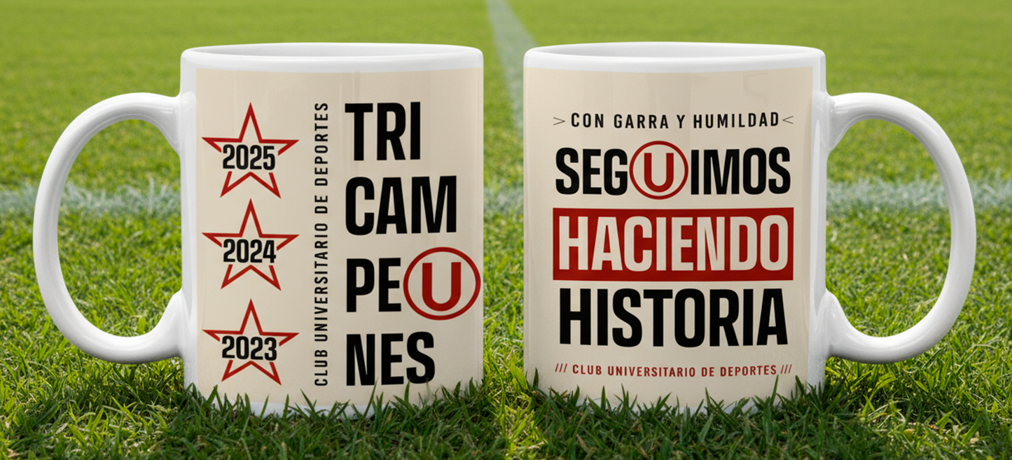 Taza Tricampeón Universitario - Taza Blanca 11 oz - Taza de Fútbol 