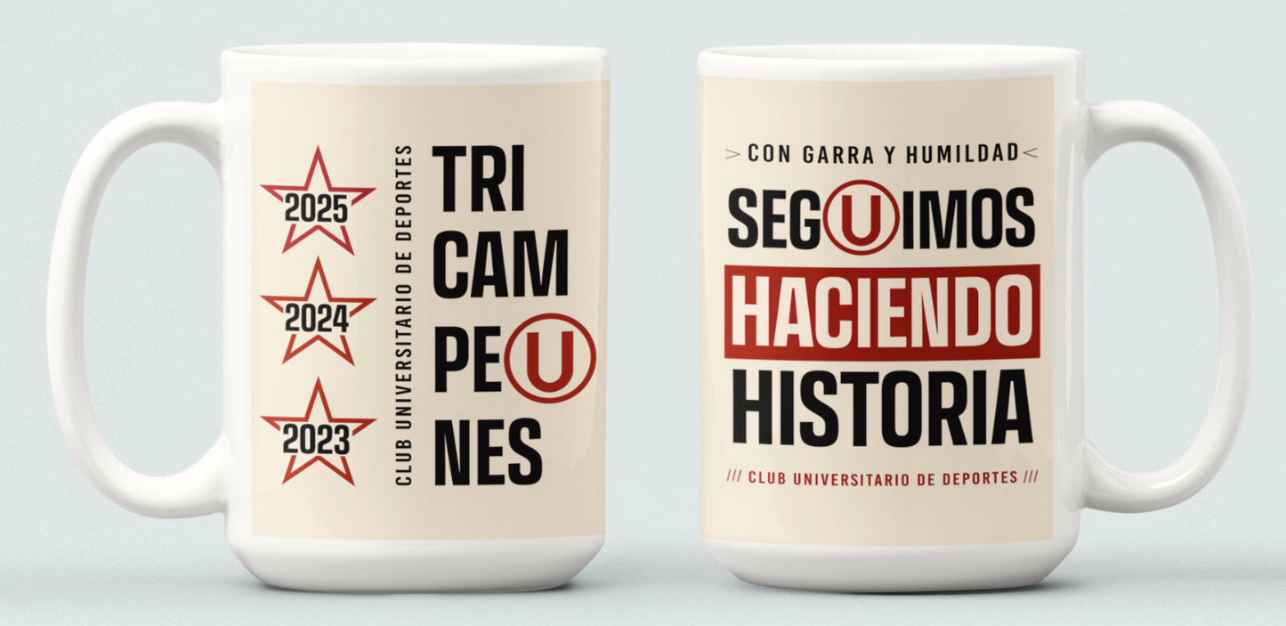 Taza Tricampeón Universitario - Taza Blanca 15 oz - Taza de Fútbol 