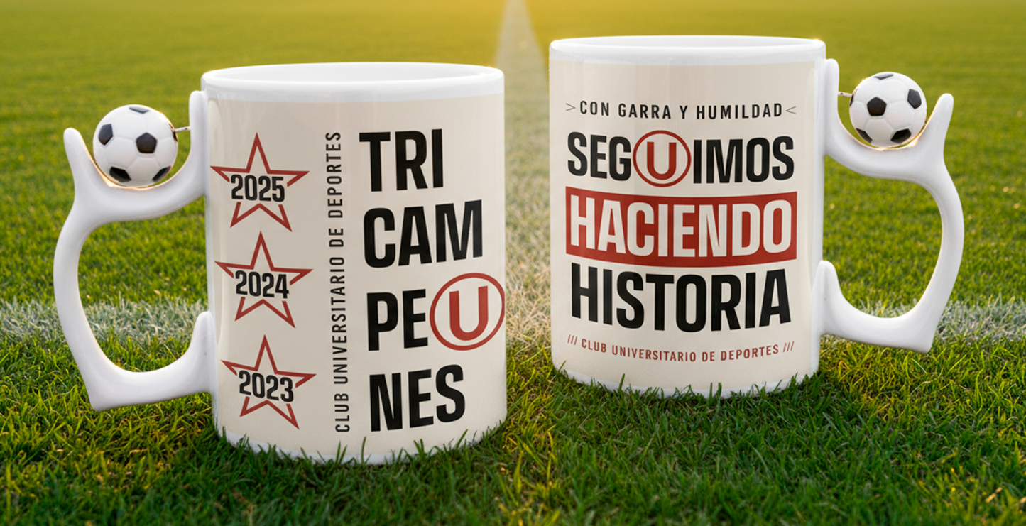 Taza Tricampeón Universitario - Taza Blanca con asa de pelota 11 oz - Taza de Fútbol 