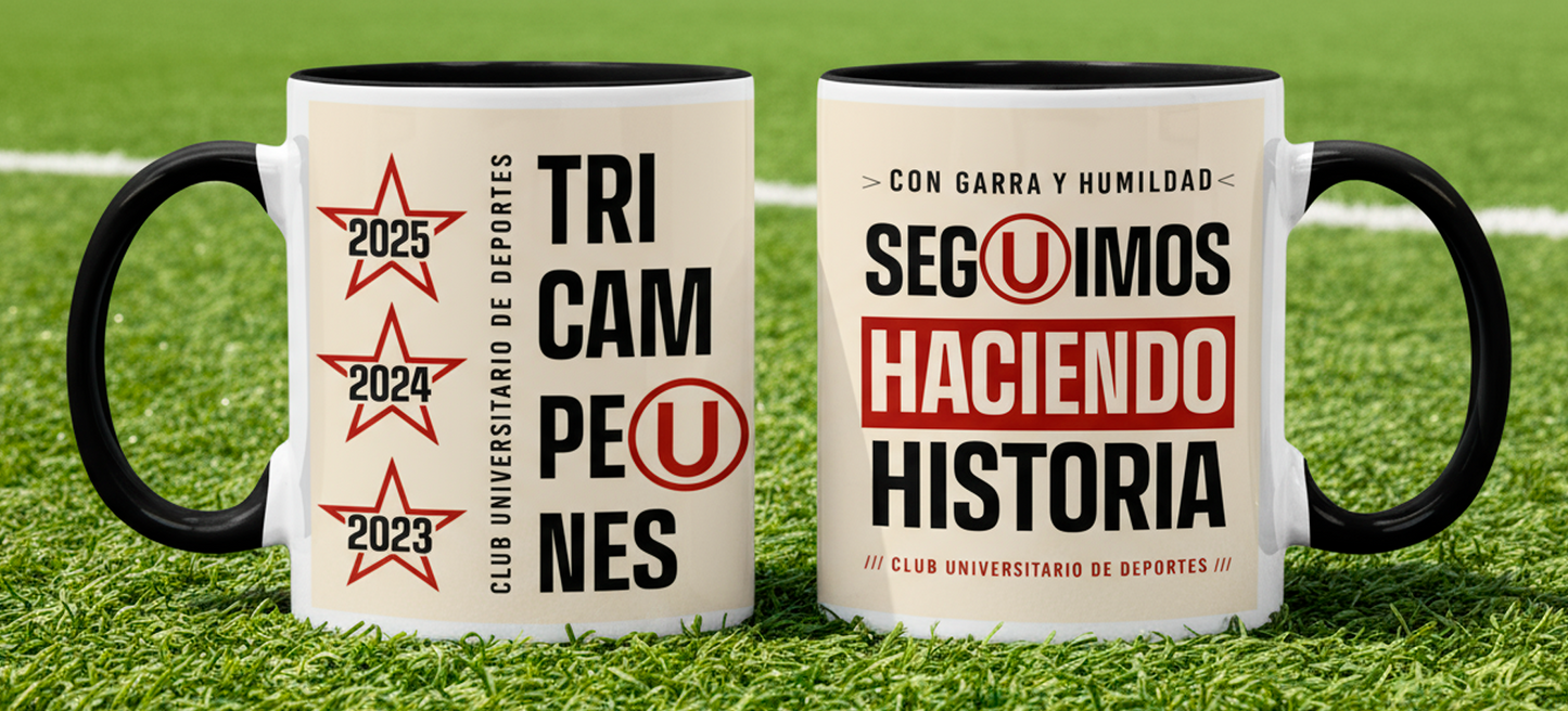 Taza Tricampeón Universitario - Taza Blanca y Negra 11 oz - Taza de Fútbol 