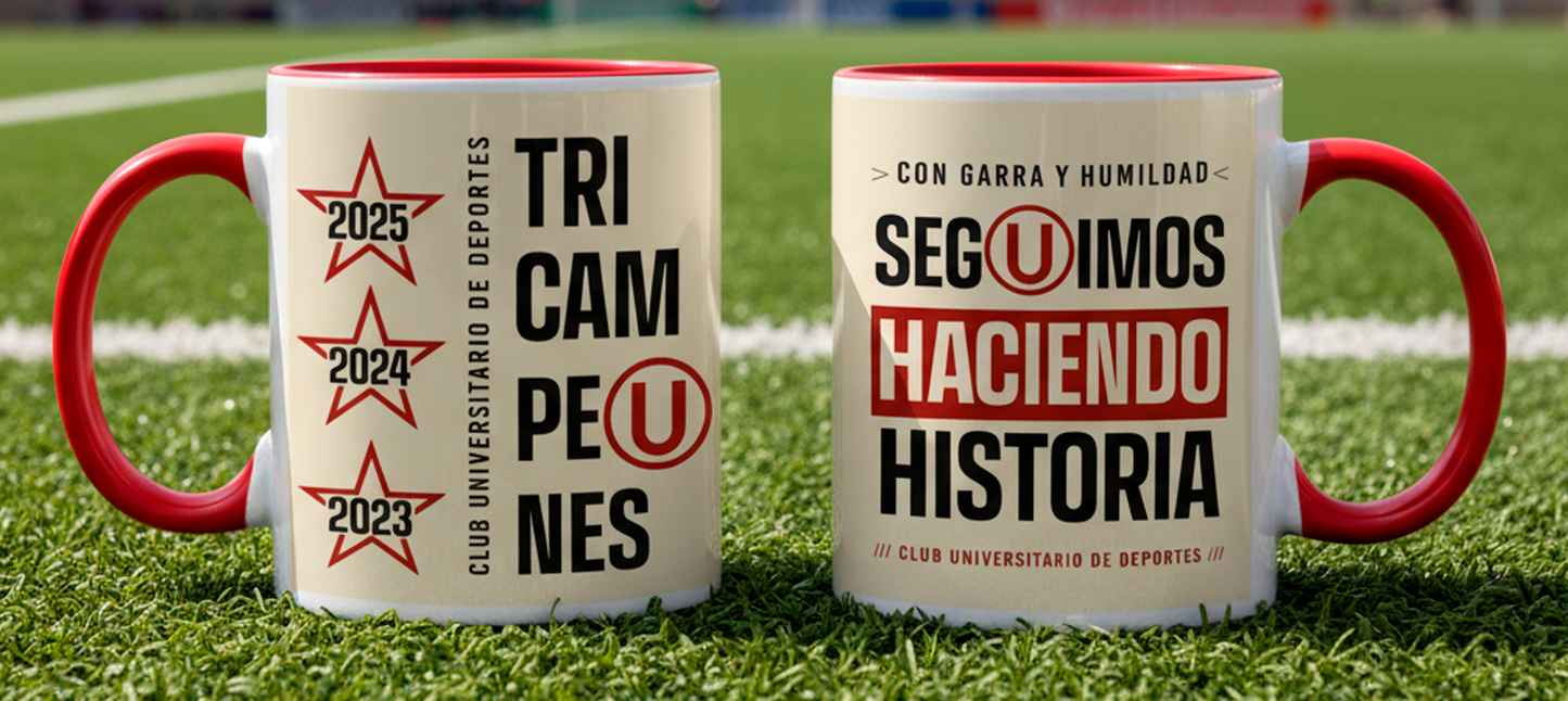 Taza Tricampeón Universitario - Taza Blanca y Roja 11 oz - Taza de Fútbol 