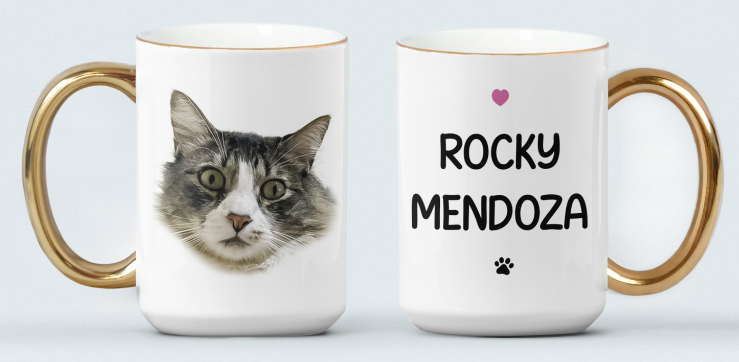 Taza Tu Gato en tu Taza Personalizada - Taza Blanca y Dorada de 15 oz - Taza de Gatos