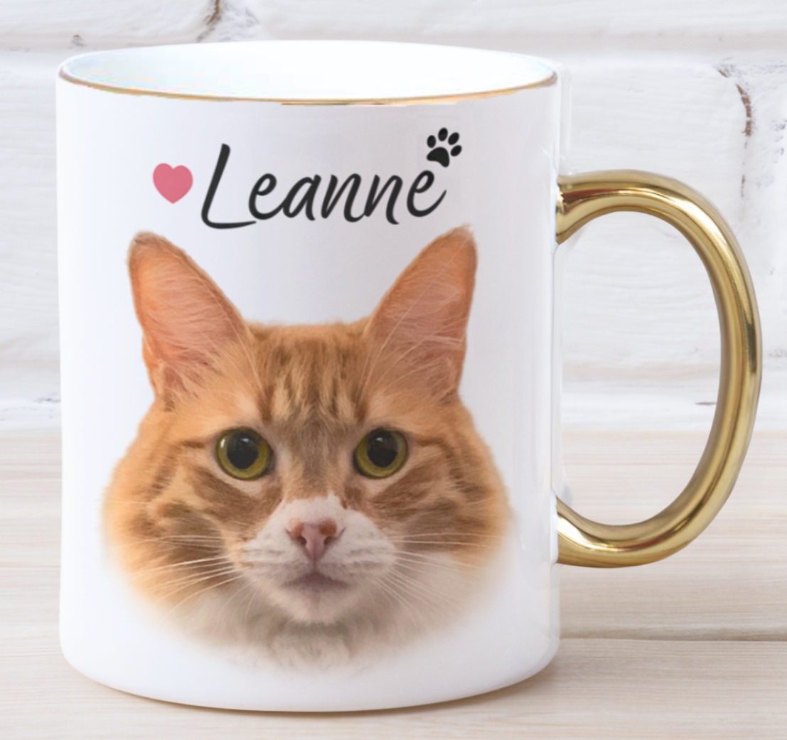 Taza Tu Gato en tu Taza Personalizada con Nombre - Taza Blanca y Dorada de 11 oz - Taza de Gatos