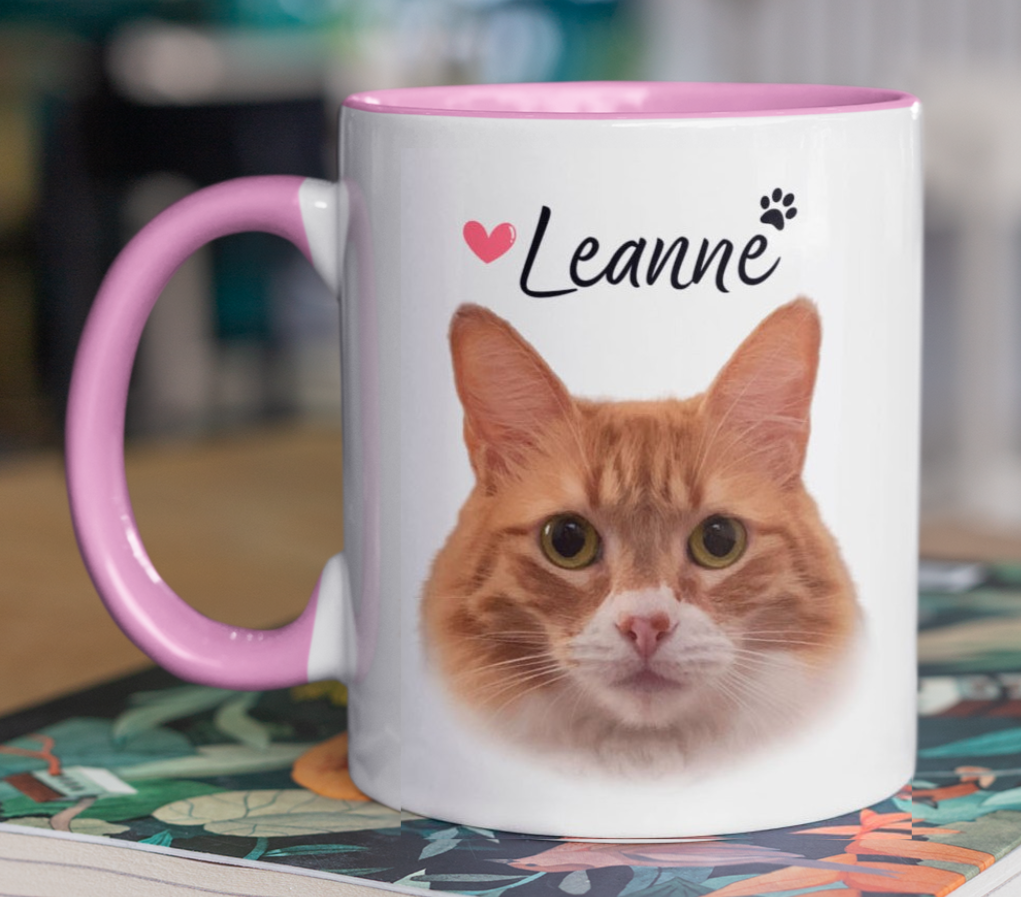 Taza Tu Gato en tu Taza Personalizada con Nombre - Taza Blanca y Rosada de 11 oz - Taza de Gatos