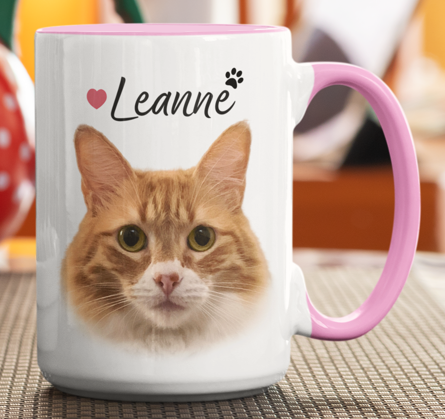 Taza Tu Gato en tu Taza Personalizada con Nombre - Taza Blanca y Rosada de 15 oz - Taza de Gatos
