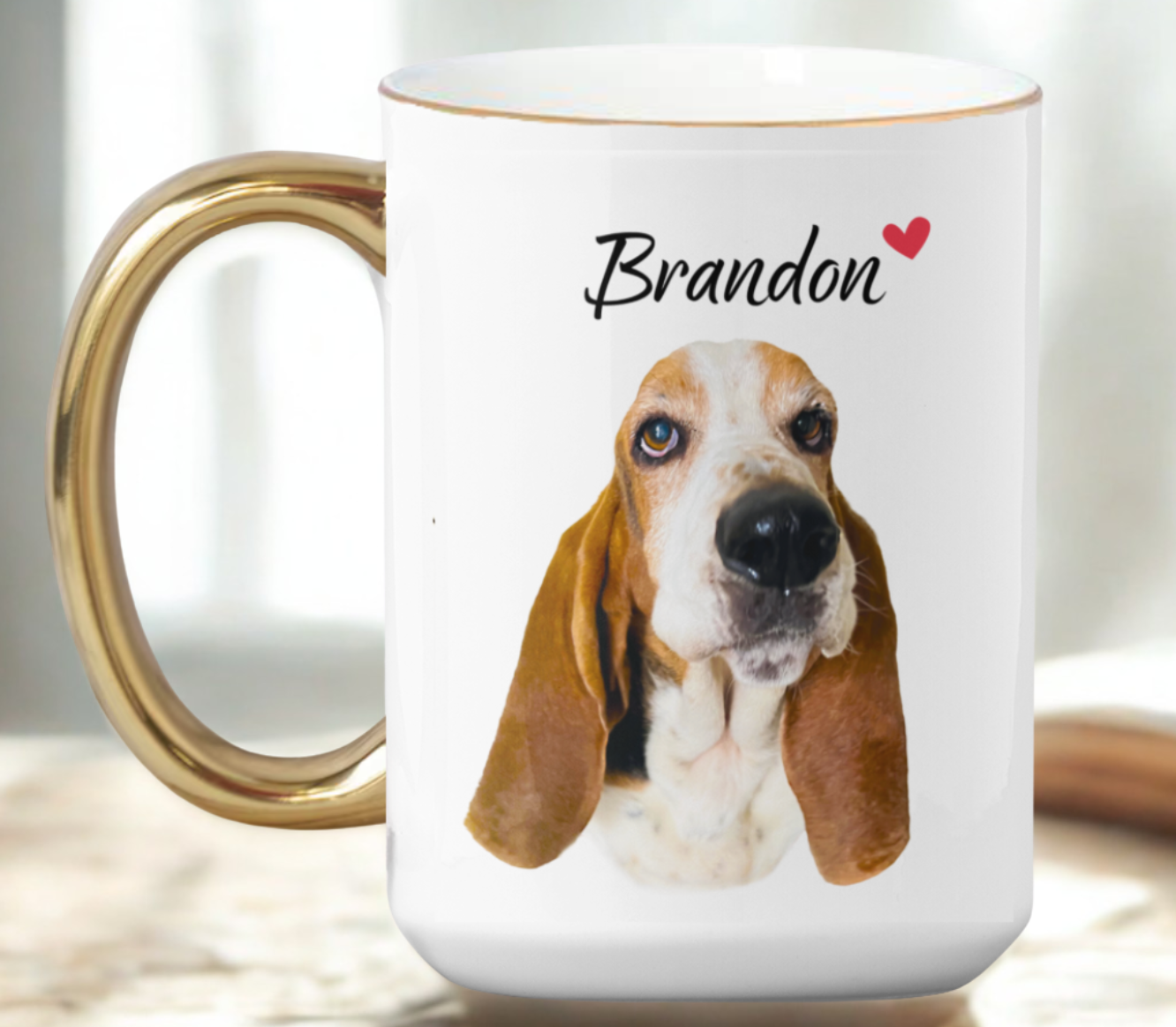 Taza Tu Perrito en tu Taza Personalizada con Foto y Nombre - Tazas de Perros - Taza Blanca y Dorada de 15 oz 