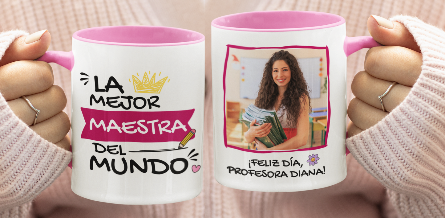 Taza Tu Profesora Favorita en tu taza Personalizada_-Taza Blanca y Rosada 11 oz-Tazas Día del Maestro -Taza Profesor