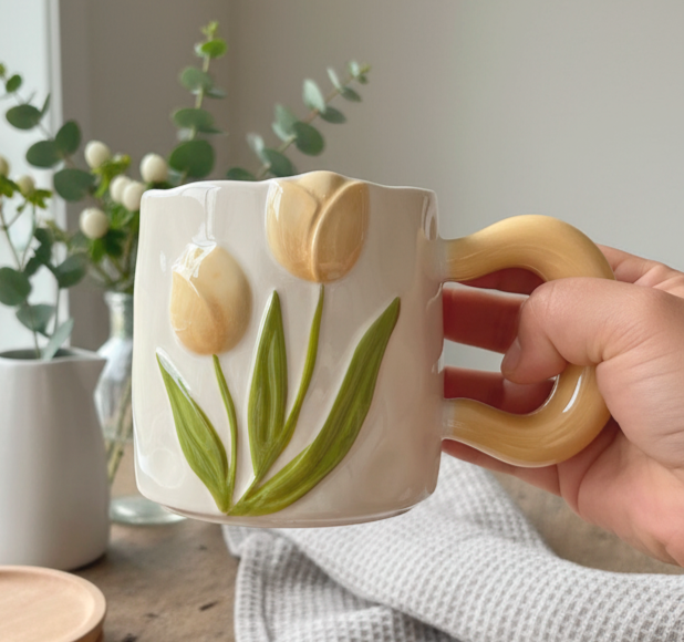 Taza Tulipanes Amarillo de Alto Relieve de Lujo - Tazas para Ellas