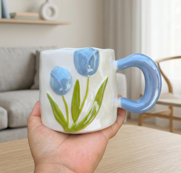 Taza Tulipanes Celeste Perlado Brillante - Tazas para Ellas