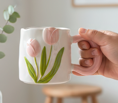 Taza Tulipanes Rojo de Alto Relieve de Lujo - Tazas para Ellas