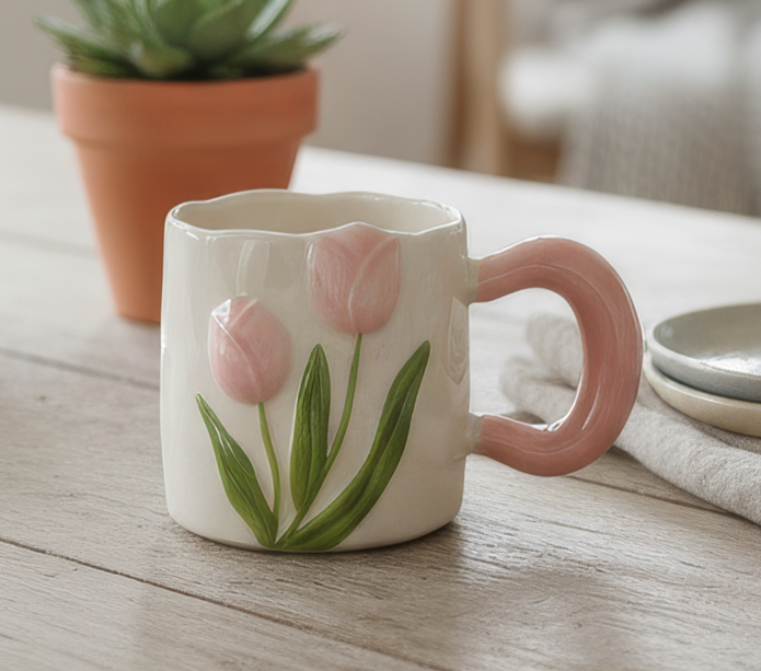 Taza Tulipanes Rojo de Alto Relieve de Lujo - Tazas para Ellas