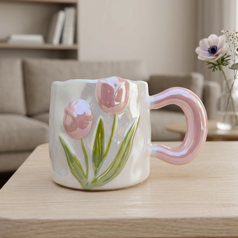 Taza Tulipanes Rosado Perlado Brillante - Tazas para Ellas