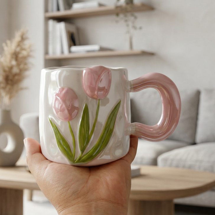 Taza Tulipanes Rosado Perlado Brillante - Tazas para Ellas