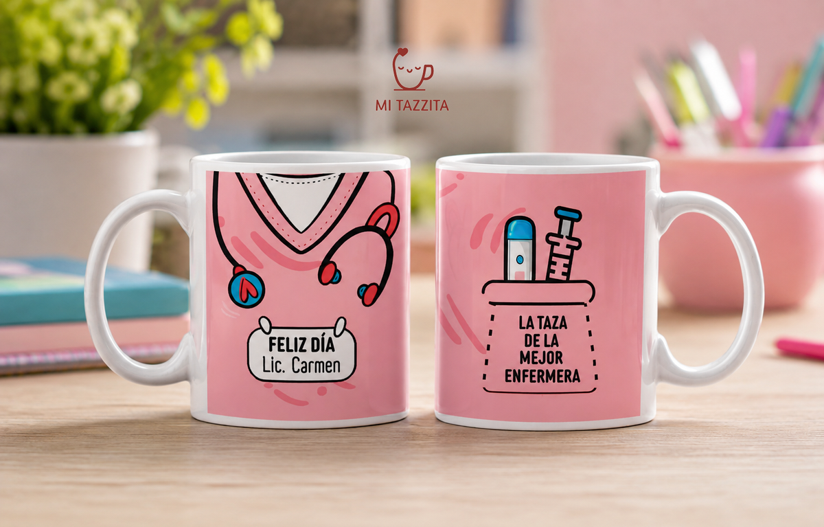 Taza Uniforme de Enfermera Rosado Personalizado con Nombre | Tazas Enfermeras - Taza Blanca de 11 oz
