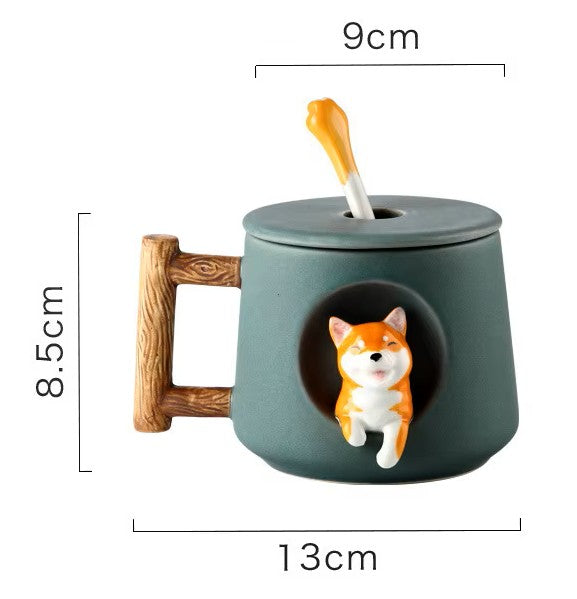 Taza Verde de Hachiko en 3D con Tapa y Cuchara | Taza de Perros