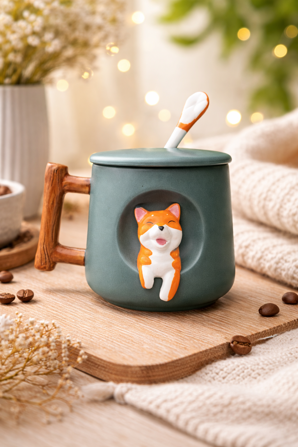 Taza Verde de Hachiko en 3D con Tapa y Cuchara | Taza de Perros