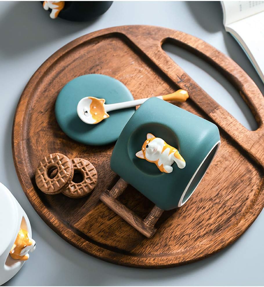 Taza Verde de Hachiko en 3D con Tapa y Cuchara | Taza de Perros