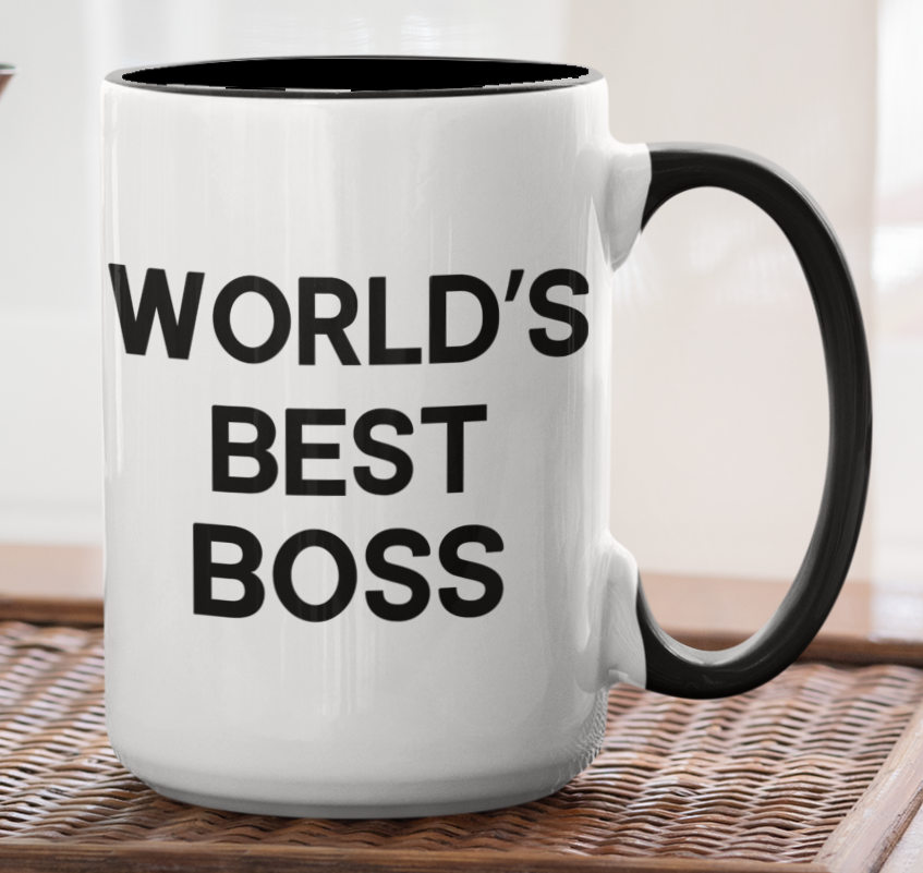 Taza World's Best Boss- Taza Blanca y  Negra 15 oz - Taza de The Office- Tazas de series