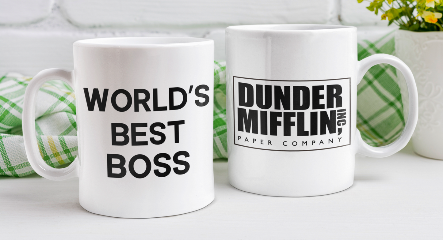 Taza World's Best Boss con logo de Dunder Mifflin- Taza Blanca 11 oz - Taza de The Office- Tazas de series