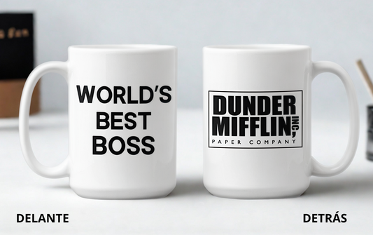 Taza World's Best Boss con logo de Dunder Mifflin- Taza Blanca 15 oz - Taza de The Office- Tazas de series