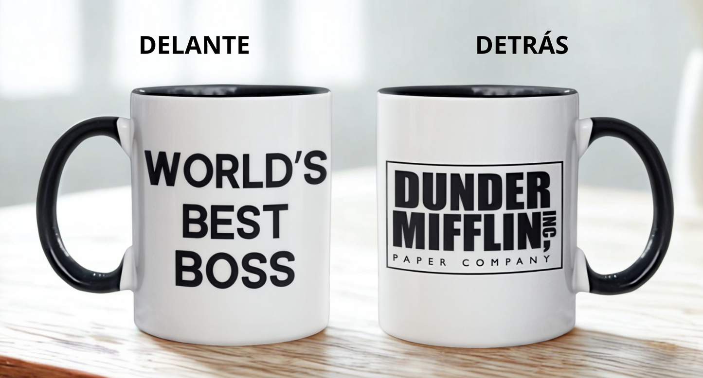 Taza World's Best Boss con logo de Dunder Mifflin- Taza Blanca y Negra 11 oz - Taza de The Office- Tazas de series