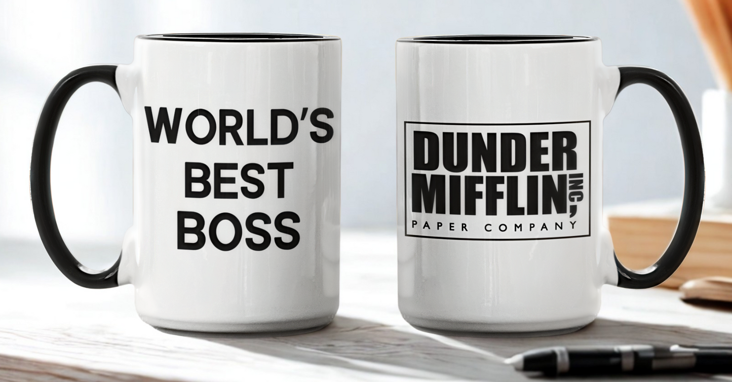 Taza World's Best Boss con logo de Dunder Mifflin- Taza Blanca y Negra 15 oz - Taza de The Office- Tazas de series