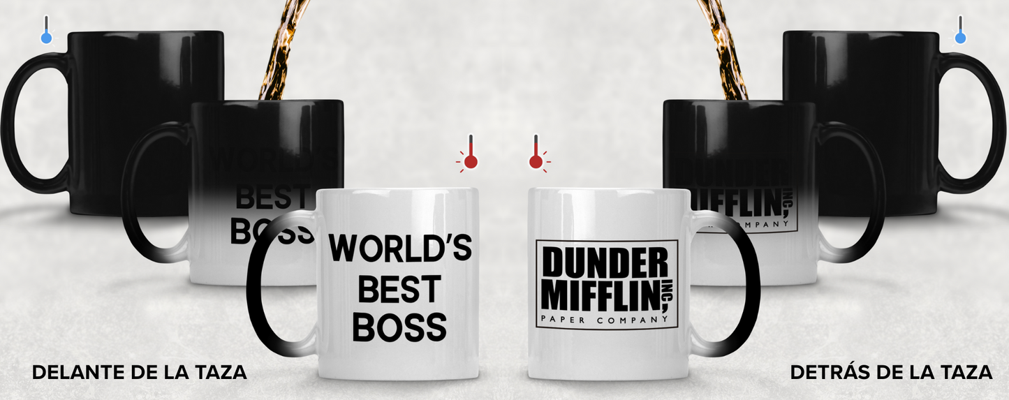 Taza World's Best Boss con logo de Dunder Mifflin- Taza Mágica 11 oz - Taza de The Office- Tazas de series
