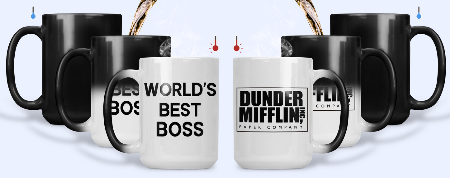 Taza World's Best Boss con logo de Dunder Mifflin- Taza Mágica 15 oz - Taza de The Office- Tazas de series