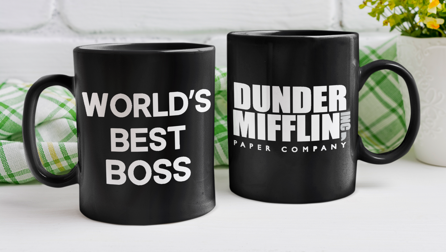Taza World's Best Boss con logo de Dunder Mifflin- Taza Negra11 oz - Taza de The Office- Tazas de series