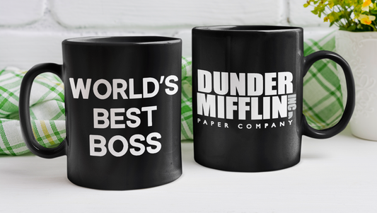 Taza World's Best Boss con logo de Dunder Mifflin- Taza Negra11 oz - Taza de The Office- Tazas de series