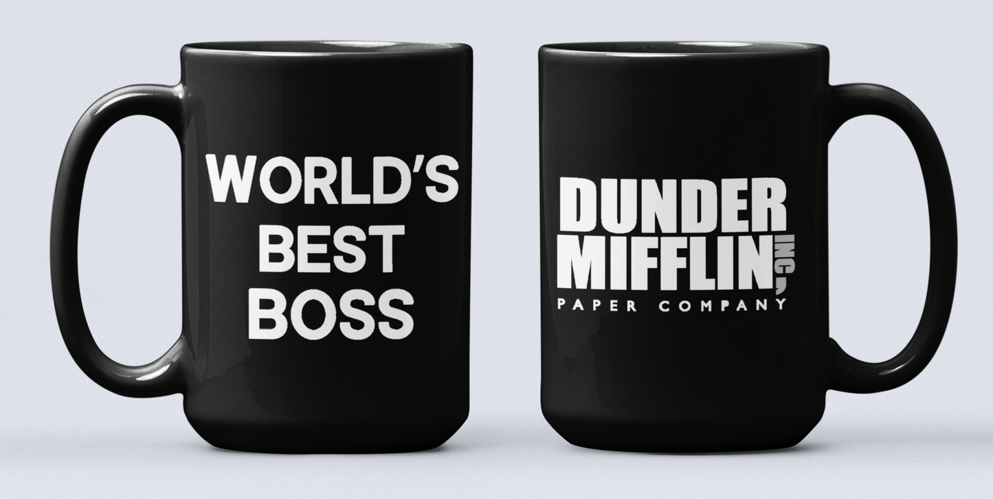 Taza World's Best Boss con logo de Dunder Mifflin- Taza Negra 15 oz - Taza de The Office- Tazas de series