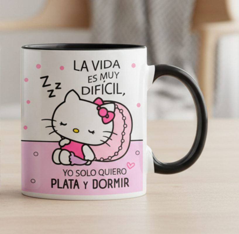 Taza Yo solo quiero Plata y Dormir | Tazas Hello Kitty | Taza Blanca y Negra de 11 oz