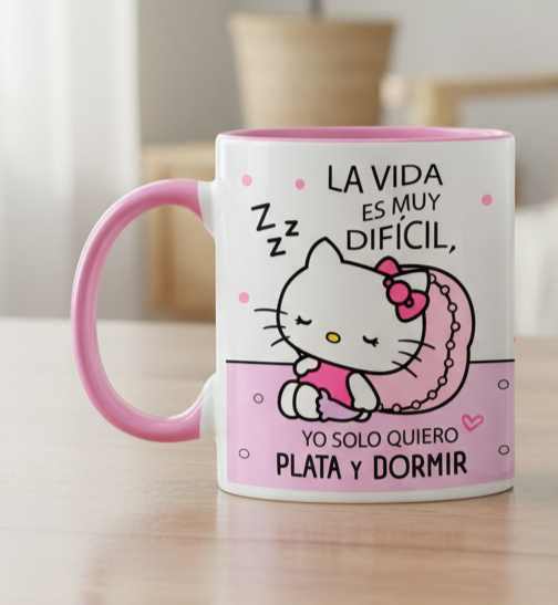 Taza Yo solo quiero Plata y Dormir | Tazas Hello Kitty | Taza Blanca y Rosada de 11 oz