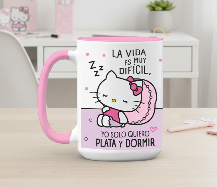 Taza Yo solo quiero Plata y Dormir | Tazas Hello Kitty | Taza Blanca y Rosada de 11 oz
