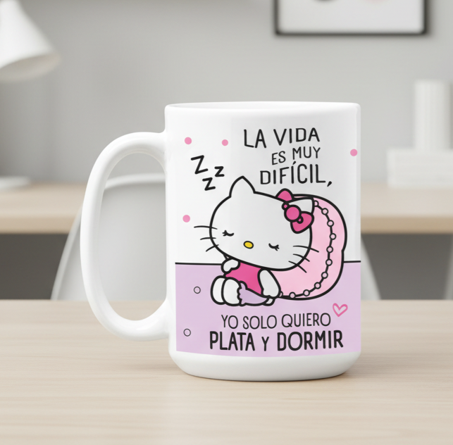Taza Yo solo quiero Plata y Dormir | Tazas Hello Kitty | Taza Blanca y Rosada de 15 oz