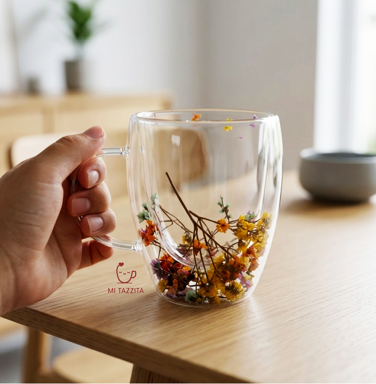 Taza de Vidrio Jardín Encantado – Colores Sorpresa 🌸| Tazas de Flores