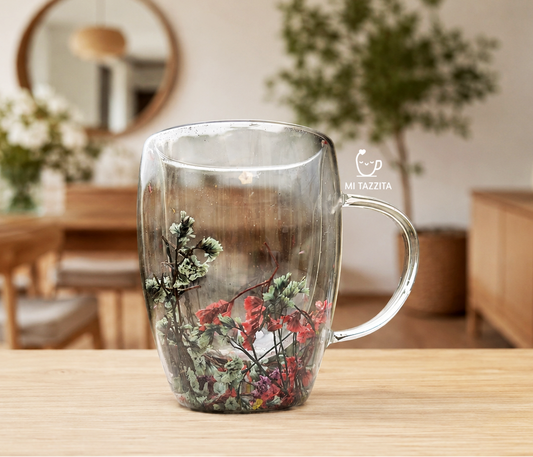 Taza de Vidrio Jardín Encantado – Colores Sorpresa 🌸| Tazas de Flores