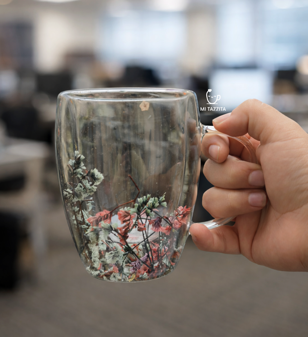 Taza de Vidrio Jardín Encantado – Colores Sorpresa 🌸| Tazas de Flores