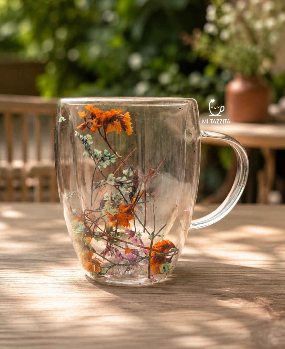 Taza de Vidrio Jardín Encantado – Colores Sorpresa 🌸| Tazas de Flores