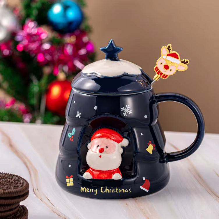 Taza Árbol de Navidad Azul con Ventana de Personaje  - Tazas Navideñas