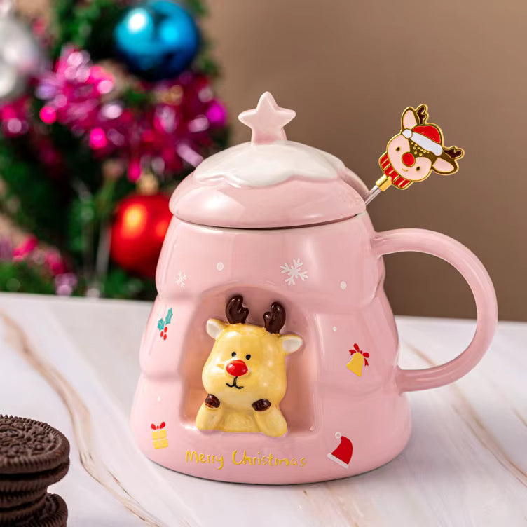 Taza Árbol de Navidad Rosado con Ventana de Personaje  - Tazas Navideñas