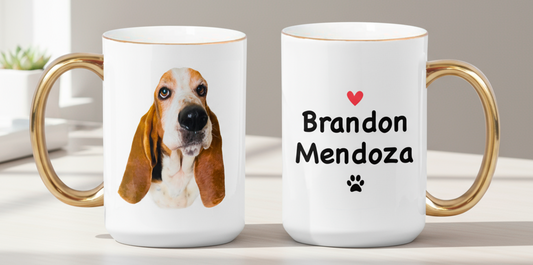 Tu Perro en tu taza con Nombre y Apellido - Taza Blanca y Dorada de 15 oz - Tazas de Perros