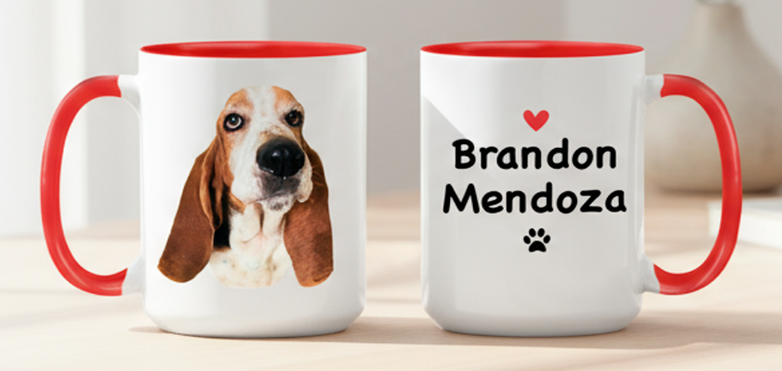 Tu Perro en tu taza con Nombre y Apellido - Taza Blanca y Roja de 15 oz - Tazas de Perros