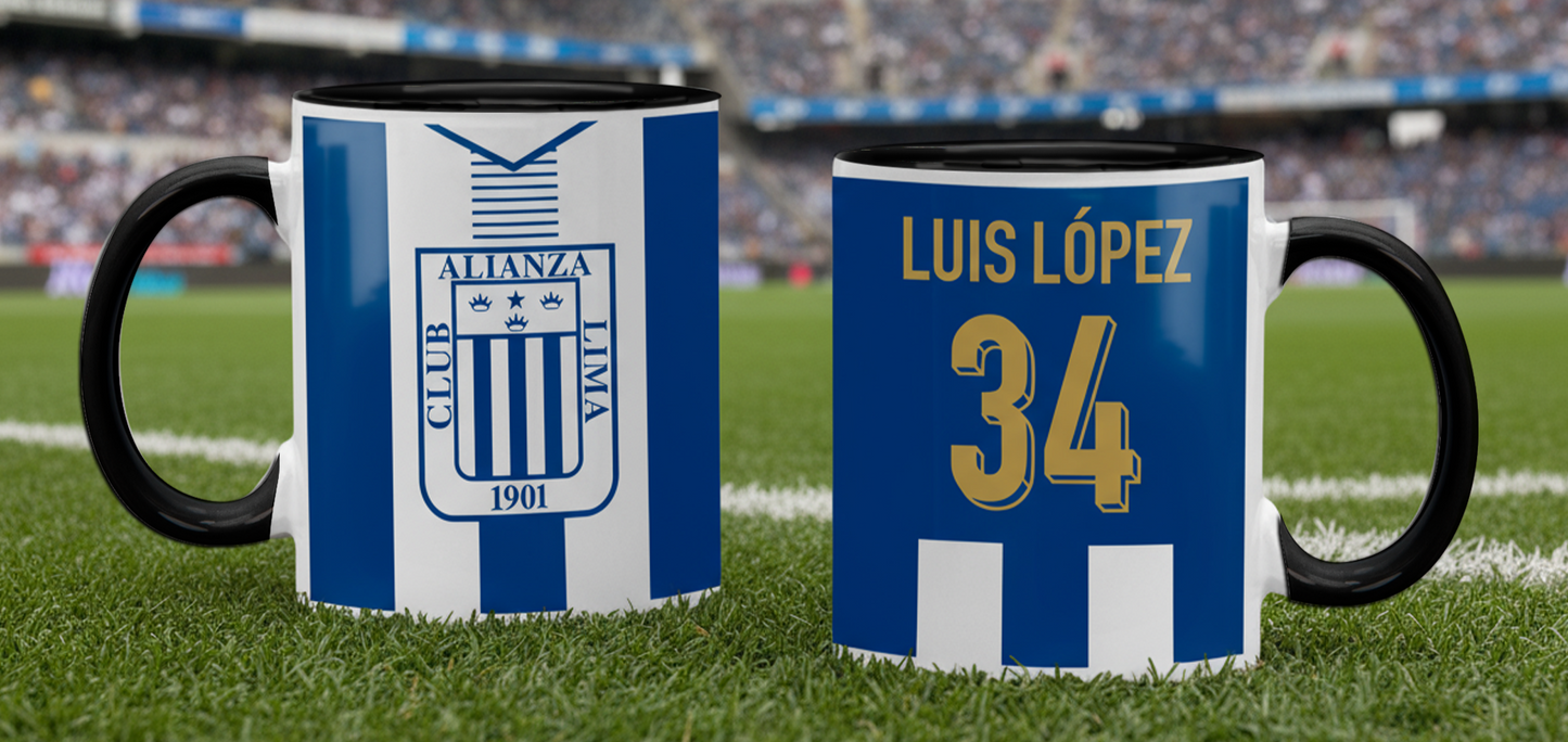 Taza Camiseta Alianza Lima con tu Nombre Blanca y Negra de 11 oz  - Tazas Fútbol -  Tazas para Ellos - Tazas Alianza Lima