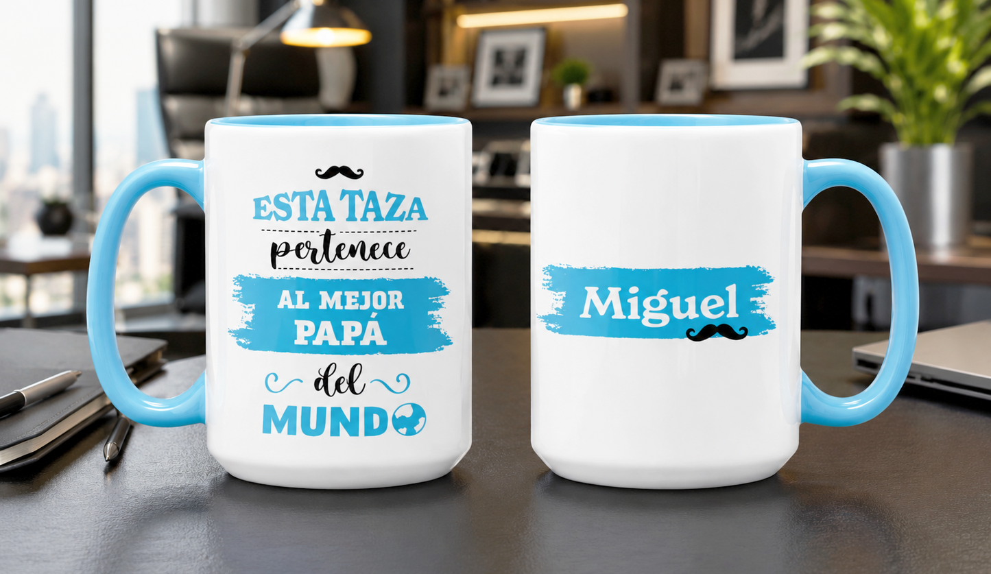Taza El Mejor Papá del Mundo con Nombre Personalizado | Tazas para Papá | Taza Blanca y Celeste de 15 oz