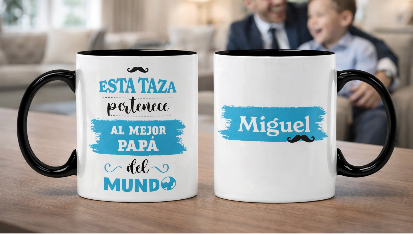 Taza El Mejor Papá del Mundo con Nombre Personalizado | Tazas para Papá | Taza Blanca y Negra de 11 oz