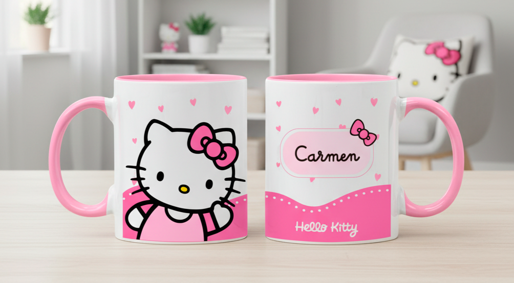 Taza Hello Kitty Saludando con Nombre Personalizado | Tazas Hello Kitty | Taza blanca y rosada de 11 oz